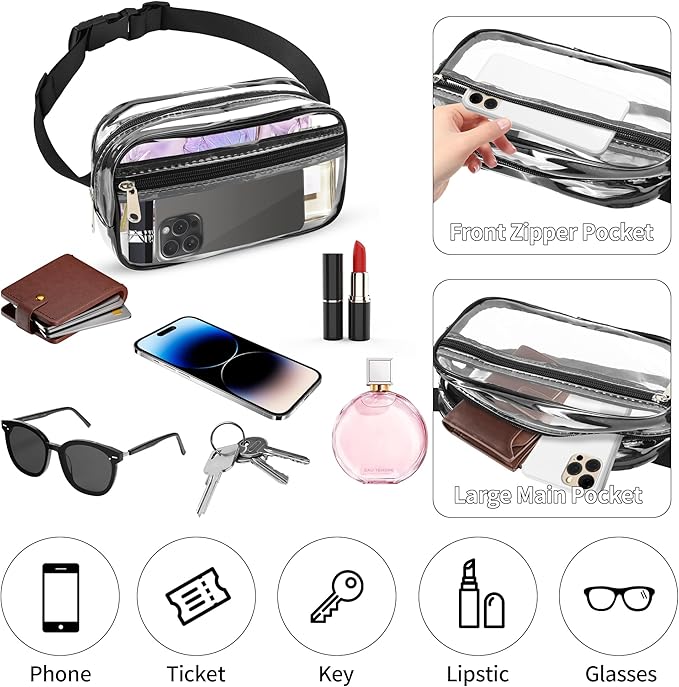 VOROLO Fanny Pack For Women And Men Crossbody Bag Belt Bag with Adjustable Strap Graduation Gifts Clear Black