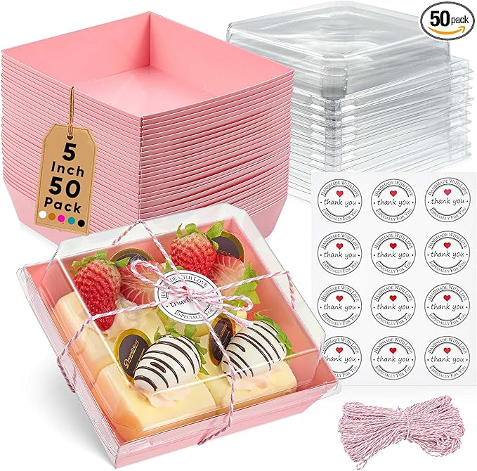 Leafiew 50 Pack Small Clear Treat Boxes - Dessert Boxes To Go - 5Inch Disposable Paper Mini Containers for Cookie, Cake Slice, Charcuterie, Bakery, Pastry, Strawberry, Baked Goods Packaging (Pink)