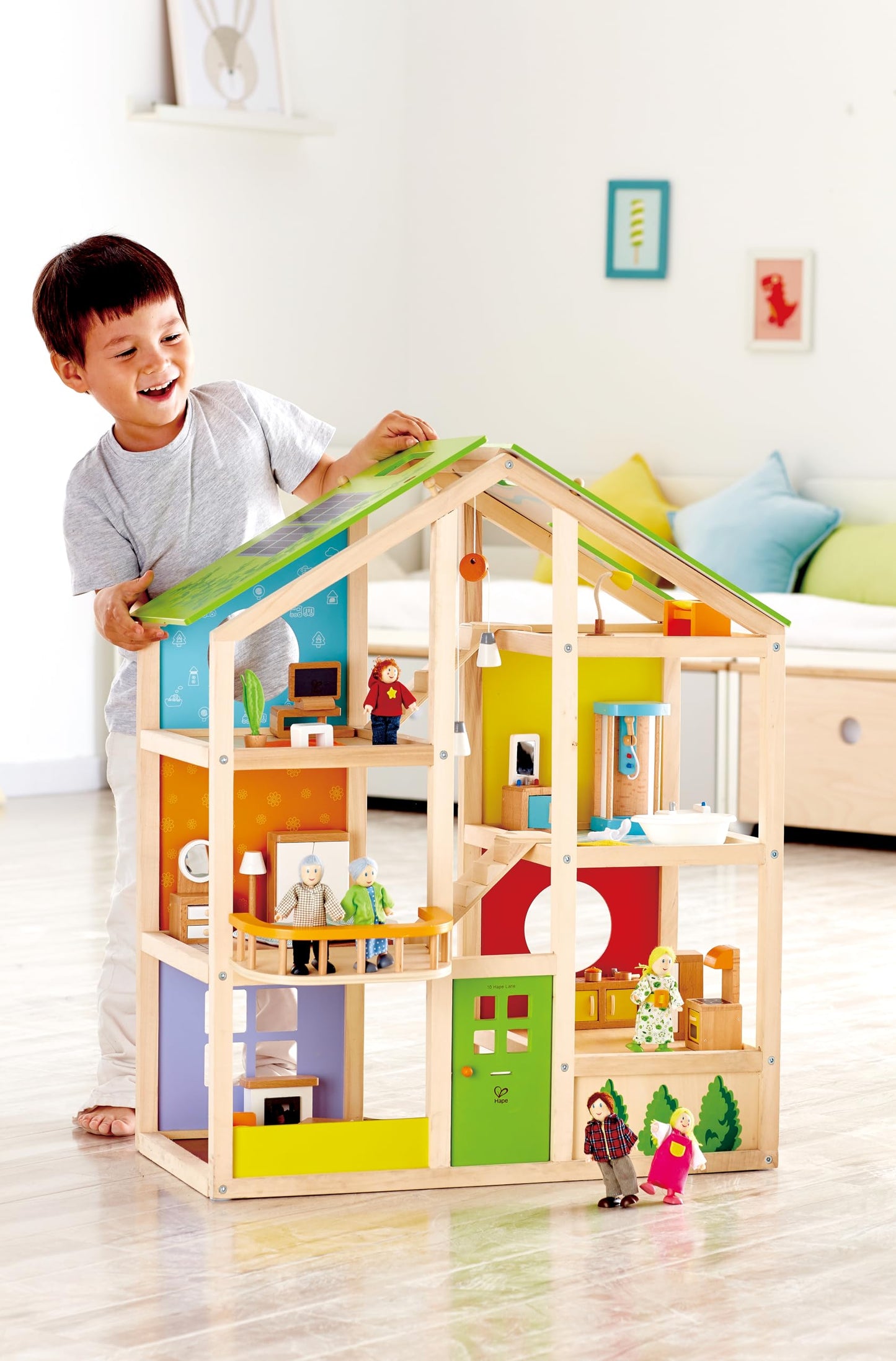 All Seasons Kids Wooden Dollhouse by Hape | Award Winning 3 Story Dolls House Toy with Furniture, Accessories, Movable Stairs and Reversible Season Theme L: 23.6, W: 11.8, H: 28.9 inch