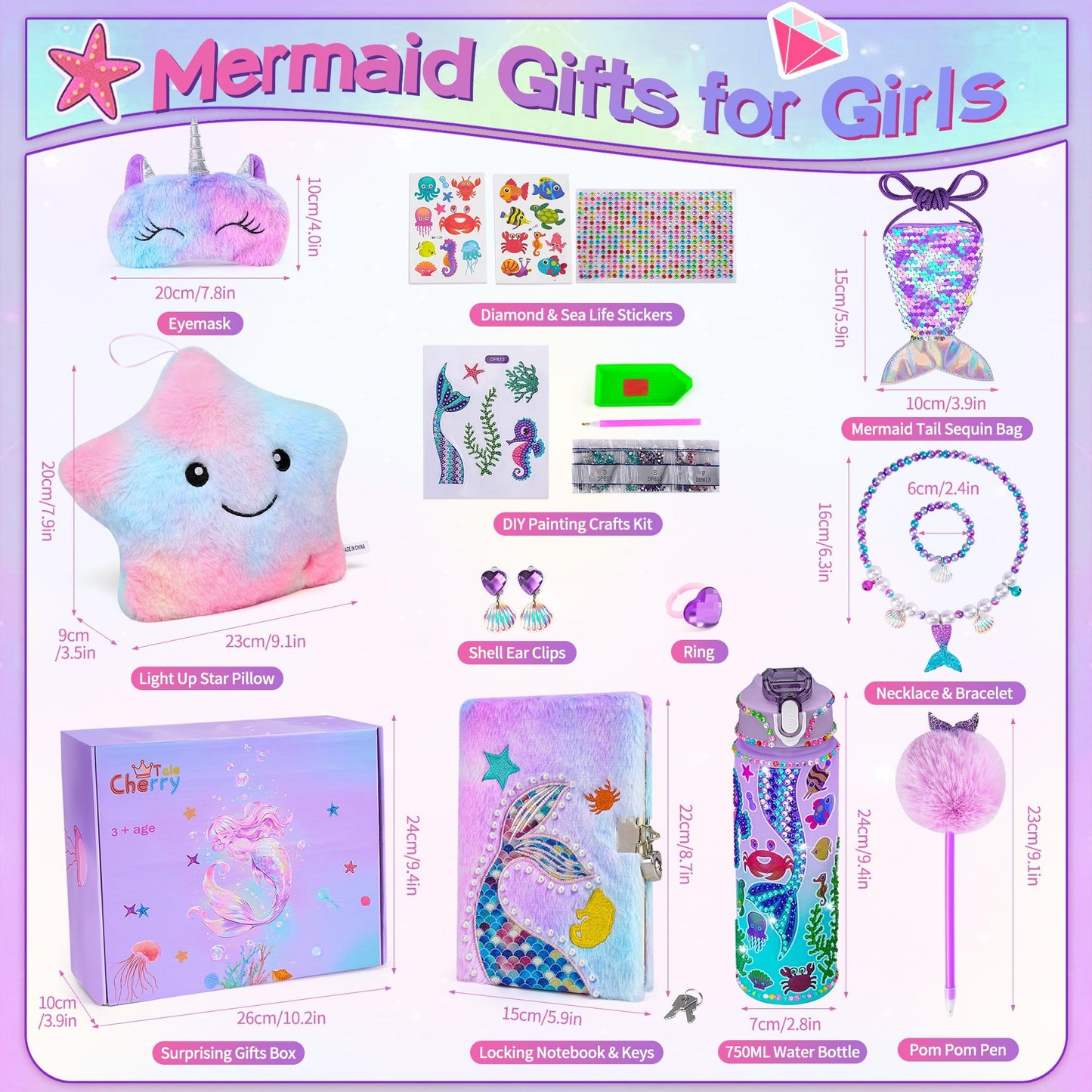 Cherry Tale Mermaid Gifts for Girls Toys Age 6-8, Kindergarten Graduation Gifts for Girls Age 4-6, Birthday Gifts Set with Plush Diary Kit, for Daughter Niece 5 6 7 8 9 10 Year Old