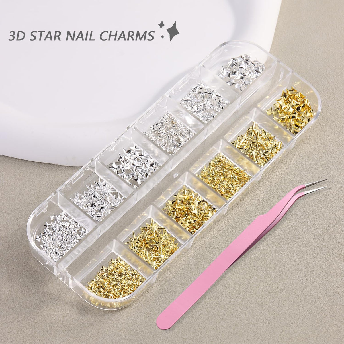 Furtherpretty Gold Star Nail Charms, 3D Silver Nail Charms Metal Studs Cross Star Celestial Nail Decorations, Flat-Back Nail Art Accessories with Tweezers for Women, Manicure Salon Supplies