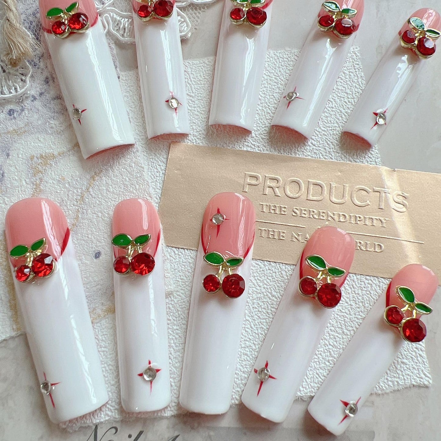NAIL ANGEL 10PCS/SET Handmade Press On Nails Glitter Metal 3D Cherry Charms French Style Long Coffin Nails Party Nails XXL Long Artifical Tips ZJ-09 (ZJ09, M)
