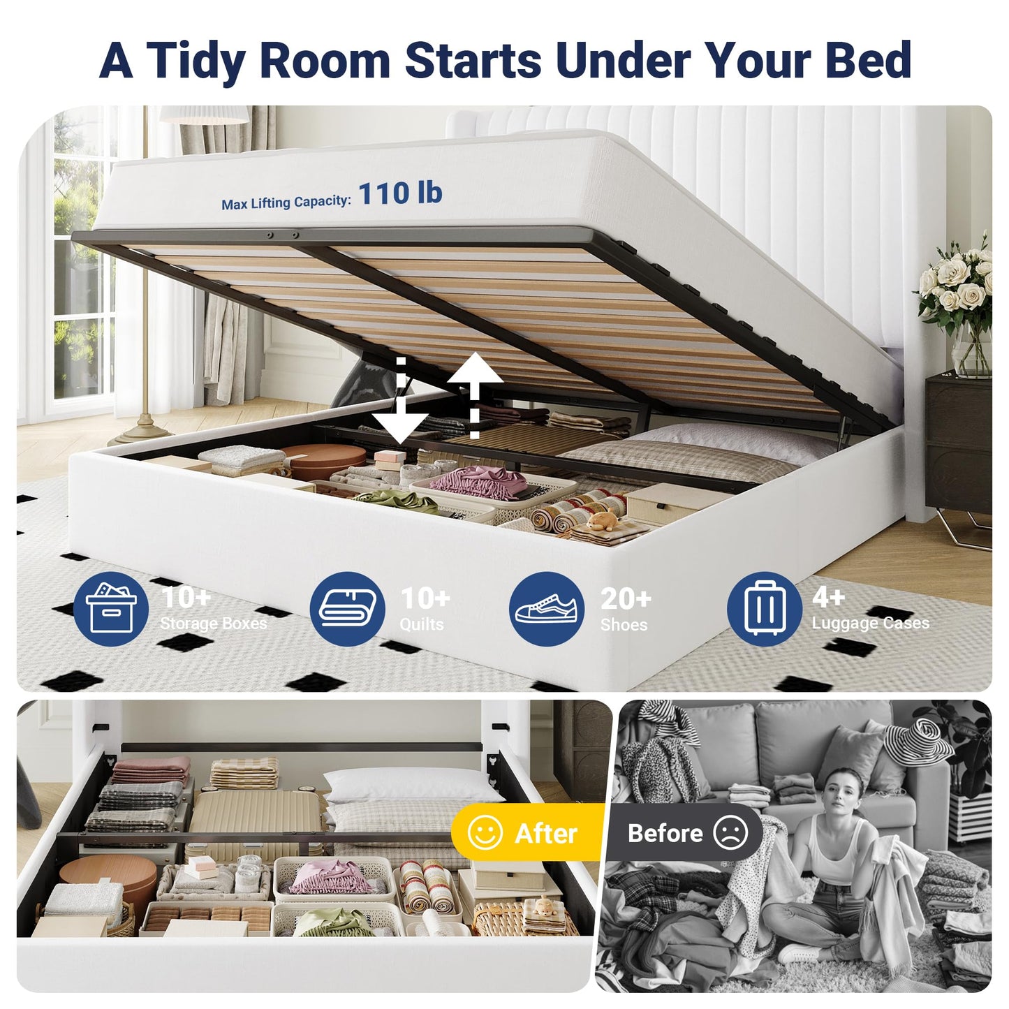 Allewie Queen Size Lift Up Storage Bed Frame, Hydraulic Support System, Upholstered Platform Bed Frame, Underneath Storage, Vertical Channel Tufted Headboard with Wingback, No Box Spring Needed, White
