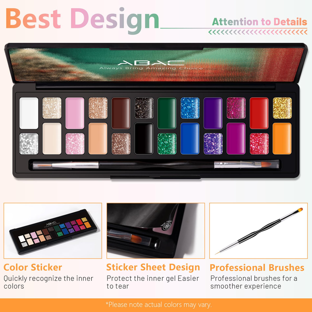 ABAC 24 Color Solid Gel Nail Polish,Ombre Gel Nail Polish,Pat Paint Nail Gel- Hema-Free No-Spill Formula w/Pro Brush Christmas NYE Party Nails,DIY Gift Set Clump-Free Shimmer