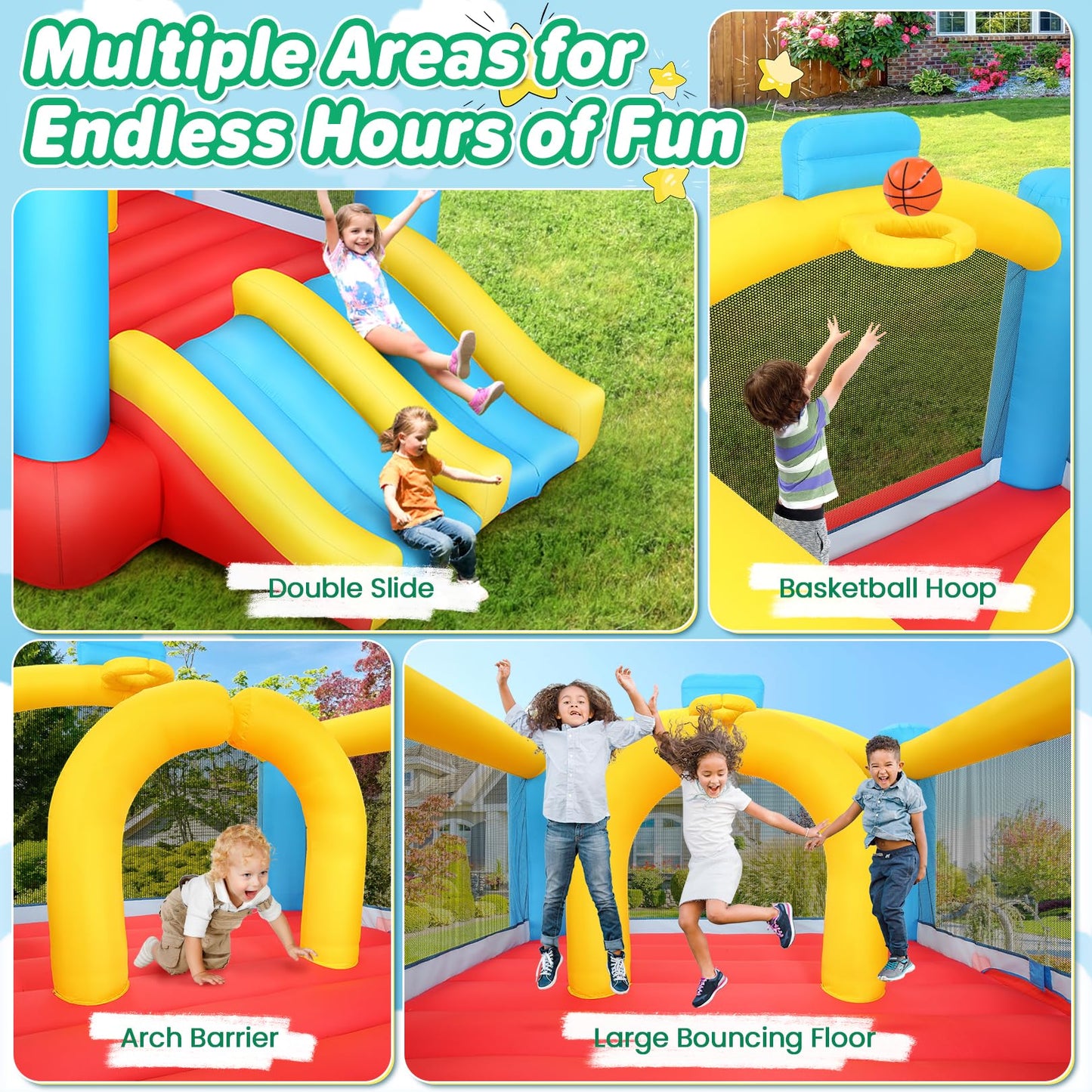 WHUBEFY Bounce House,Inflatable Bounce House for Kids with Blower Included,Indoor/Outdoor Playhouse Kids Bouncy House for Backyard,Jumping Castle with 2 Slides,Jumping Area (Inflatable Bounce House)