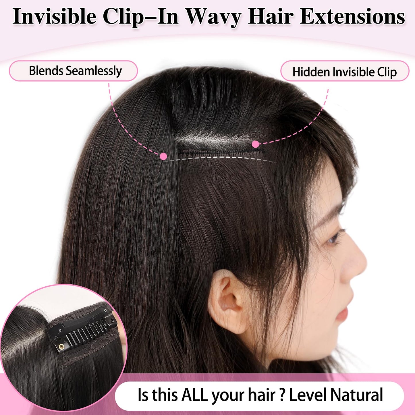 ALXNAN Clip in Long Wavy Synthetic Hair Extension 24 Inch Black 4PCS Thick Hairpieces Fiber Double Weft Hair for Women