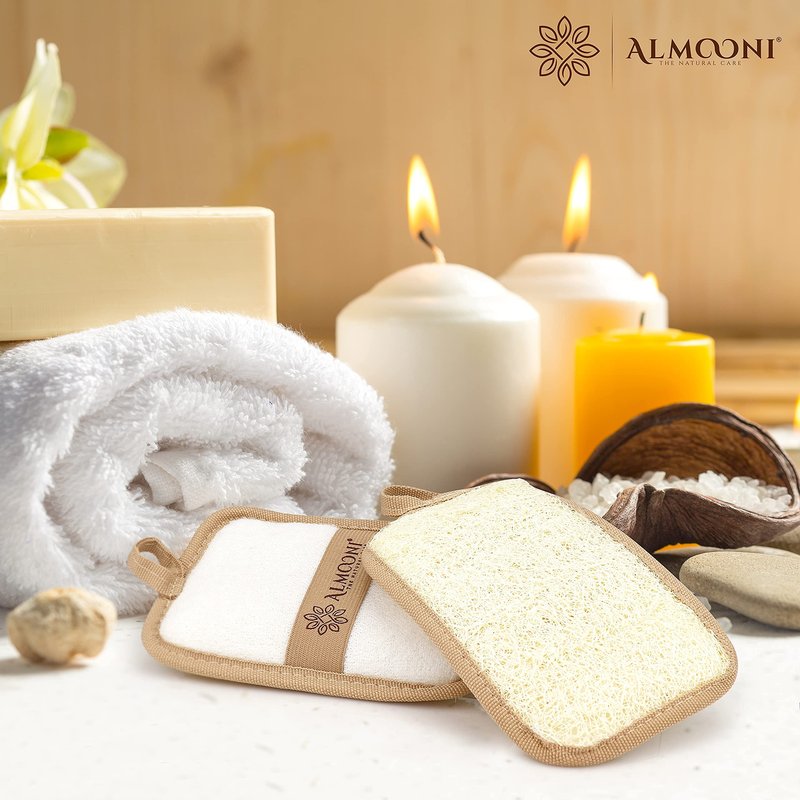 Almooni Premium Egyptian Exfoliating Loofah Pad Body Scrubber - Rectangular loofa Shape - Made with Natural Egyptian Shower lufa Sponge that Gets You Clean, Not Just Spreading Soap (2 Pack)