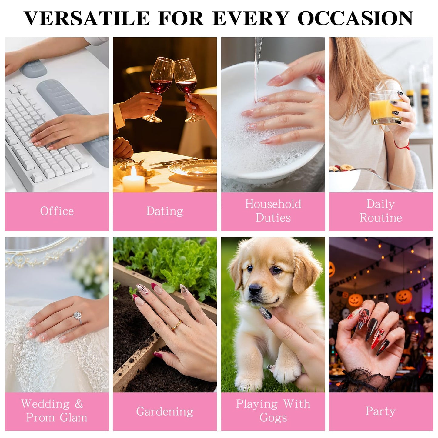 Yacey 3D Floral Handmade Press on Nails, Medium Coffin Reusable Wedding False Nails Press Ons, Pink Cat Eyes with Charms Acrylic Fake Nails, Luxury Bling Glue on Nails for Women Girls (10 Pcs, S)