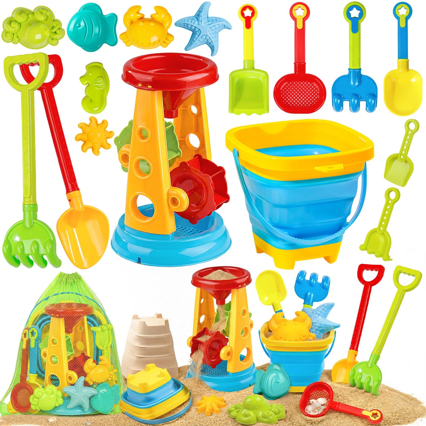 Collapsible Beach Sand Toys for Kids Toddlers, Collapsible Sand Bucket with Water Wheel Sifter Shovels Set with Mesh Bag and Sand Molds, Travel Beach Sandbox Toys for Boys Girls 3 4 5 6 7 8 9 10+
