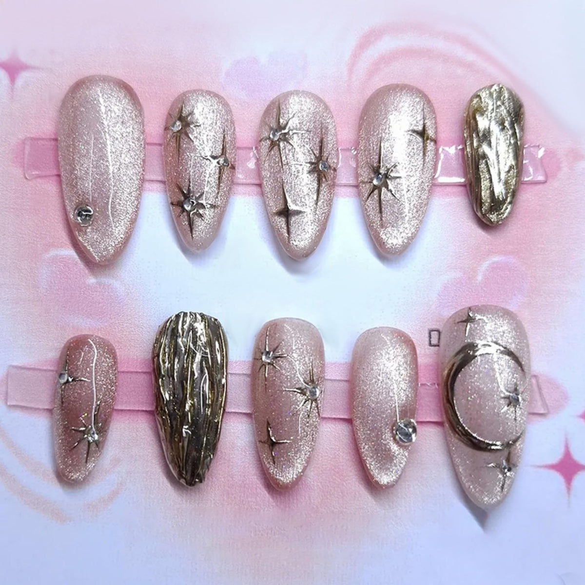 Medium Press on Nails Almond Fake Nails Cat eyeAcrylic Nail Press ons SEENEEY Silver Moon and Stars Designs Cat eye Stick on Nail for Women 30pcs
