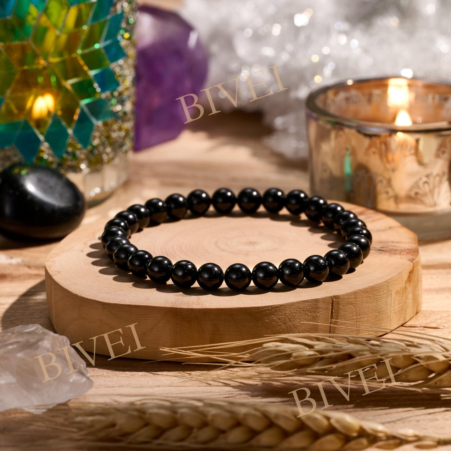 Bivei Black Tourmaline - Protection & Grounding - 6mm Beaded Bracelets for Women Handmade Semi Precious Natural Stone Stretch Elastic Jewelry for Women Yoga Protection Gifts Small