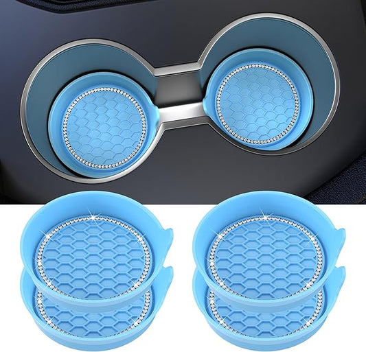 Amooca Car Cup Coaster Universal Non-Slip Cup Holders Bling Crystal Rhinestone Car Interior Accessories 4 Pack Light Blue