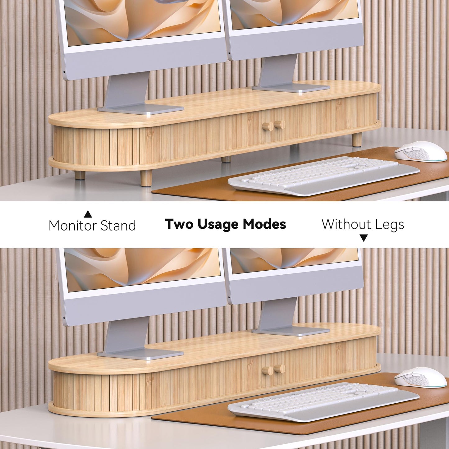 WELL WENG Bamboo Dual Monitor Stand with Storage, Curved Double Computer Laptop Stand Desk Shelf Organizer with Sliding Doors (42 inch)