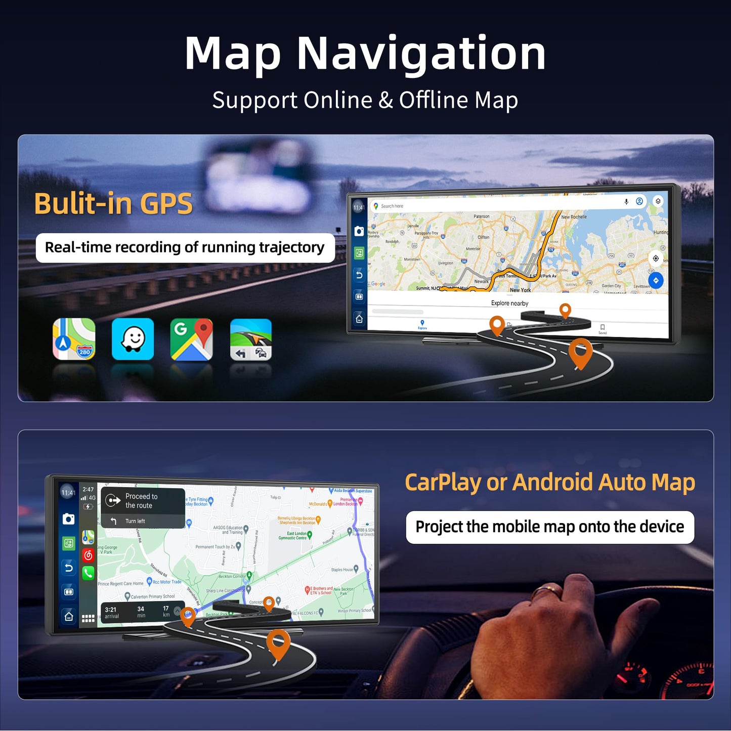 11.4" Carplay Screen for Car with Android OS Built-in GPS Navigation Carplay Android Auto Screen Net-Flix/YouTube/Google Play Car Stereo Split Screen Apps Voice Control Includes 1080P Rear Camera
