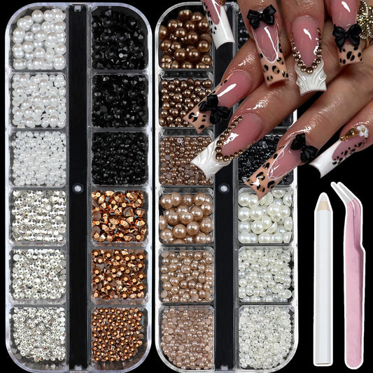 SEMATA White Nail Art Pearls Charms Flatback Nail Rhinestones Mixed Size Nails Gems Colorful Black Brown Nails Pearls Rhinestones Art Accessories Decoration Design for Women