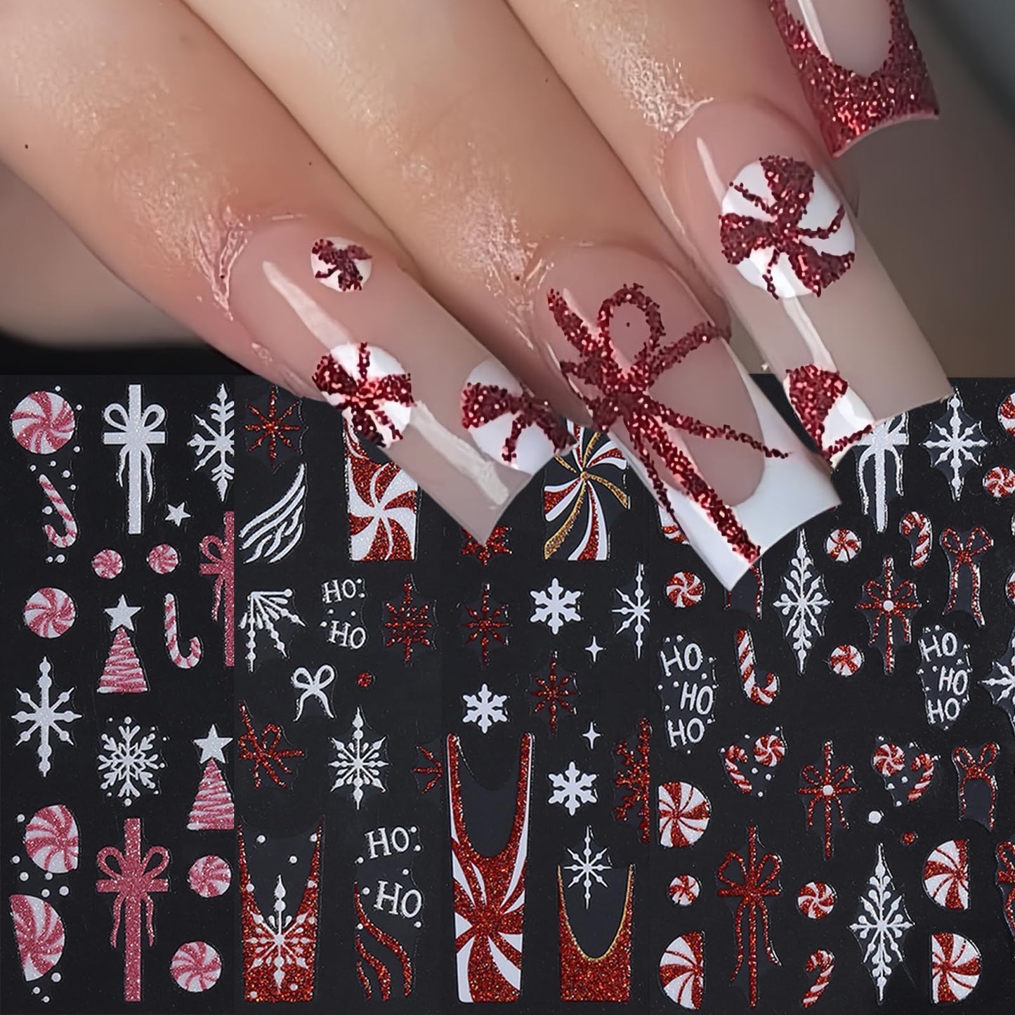 8 Sheets Red Christmas Nail Art Stickers Pink White Red Glitter Snowflake Nail Decals 3D Self-Adhesive Xmas Tree Winter Nail Design Gift Box Bow Nail Supplies Winter New Year Nail Decor for Women