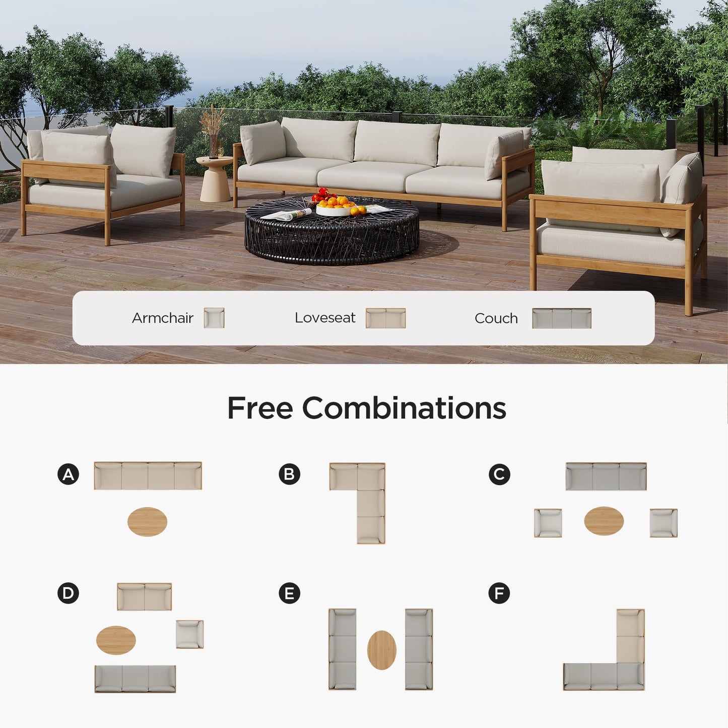 Acanva Modern Outdoor Patio Furniture Set, All-Weather Aluminium Conversation Sectional Sofa with Thick Cushions for Backyard, Garden, Porch, Couch, Beige