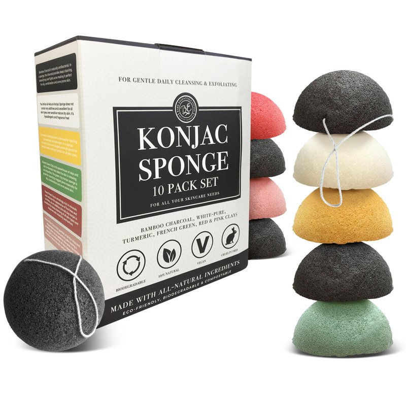 Bare Essentials Living - Konjac Sponges Set (10 Pack) with Activated Bamboo Charcoal Facial Sponge, Natural, Great for Facials, Bath, and Exfoliating Body Sponge