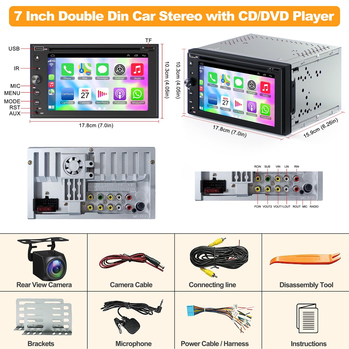 Double Din Car Stereo with CD/DVD Player Apple Carplay & Android Auto, 6.2Inch Car Radio with Bluetooth and Backup Camera, Touch Screen, Mirror Link, Steering Wheel Control, USB/TF/AUX Input, AM/FM