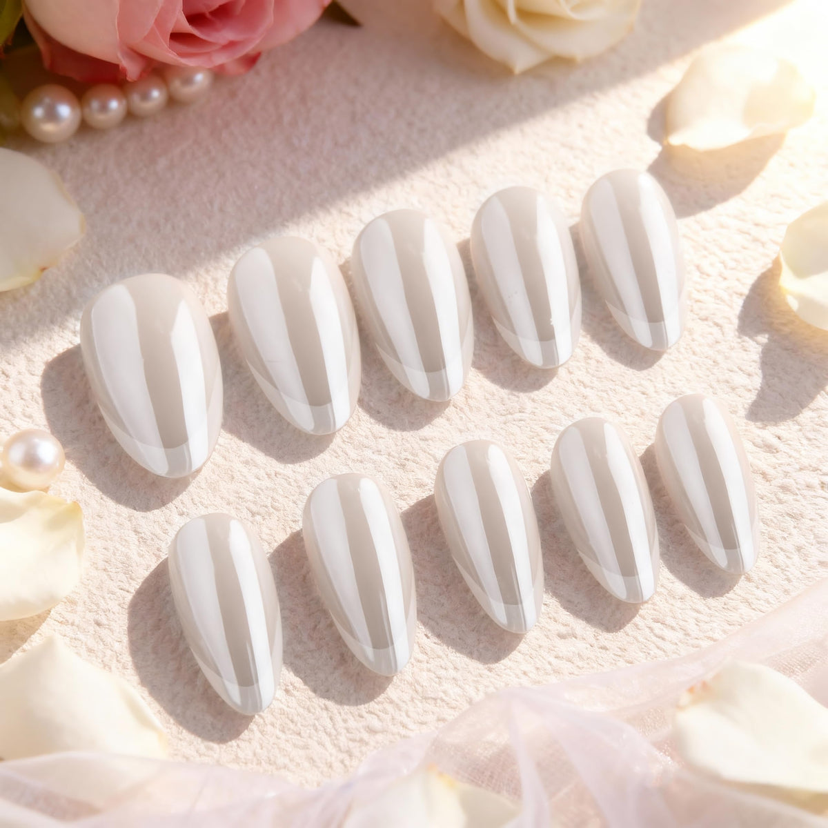 evpct Pearl White Glazed Press On Nails Short Almond, Beige French Tip Chrome Glazed Glossy Stick on Nail for Women Gift, Reusable Full Cover Soft Gel Press on Fake Nail with French Tip Design