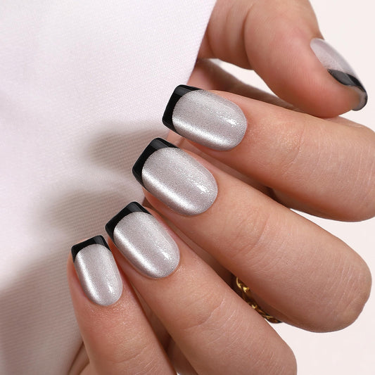 WAFOLOZE French Tip Press On Nails - Silver Cat's Eye Fake Nails with Black French Designs, Glue On Nails Short, Artificial Nails 16 Sizes - 32Pcs Reusable Soft Gel False Nails Tips Kit