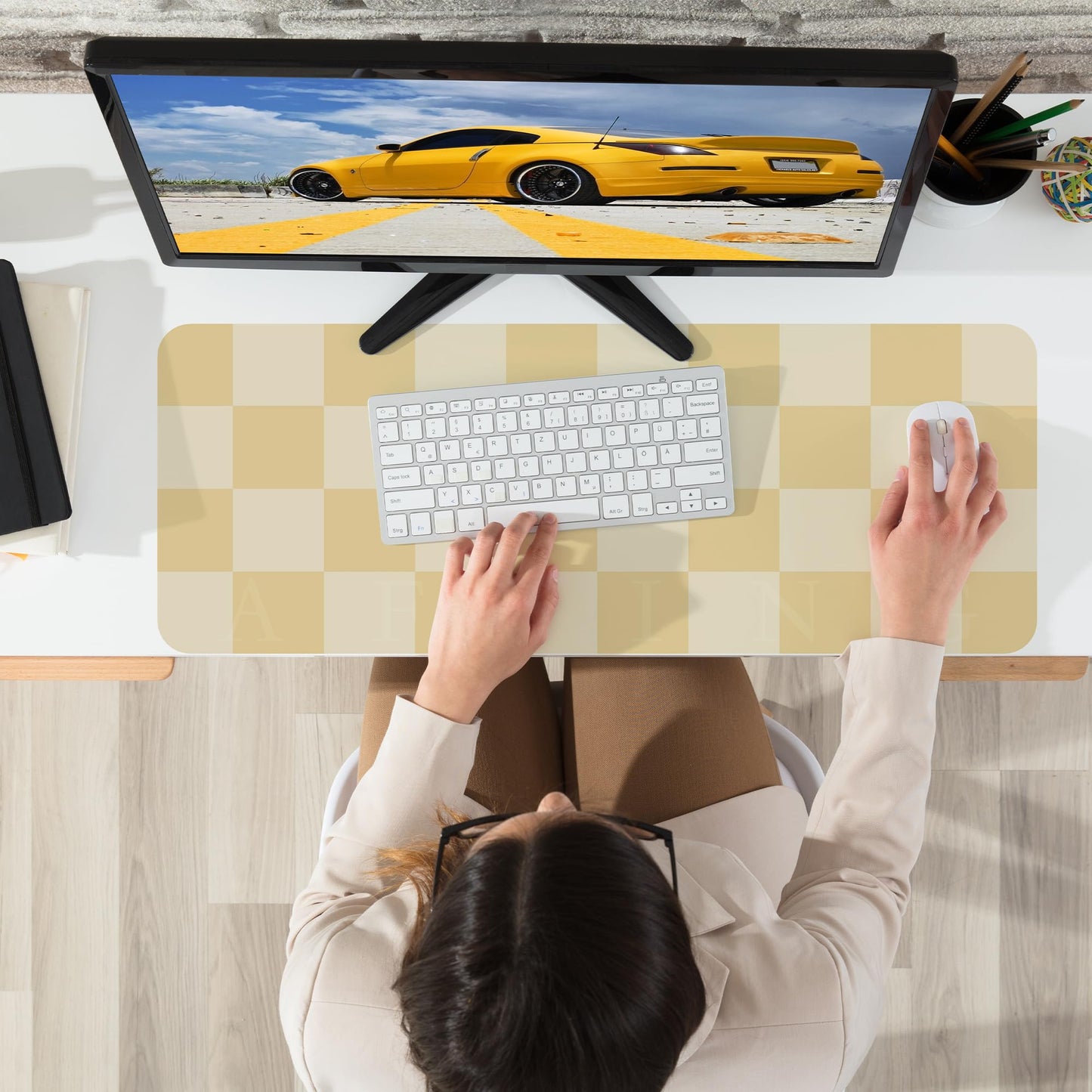 Leather Desk mat,Non-Slip Desk mat,Waterproof PU Leather Desk pad Protector, Large Mouse pad Cute, Easy Clean Laptop Desk Writing Mat for Work/Home/Decor(Beige 31.5" x 12")