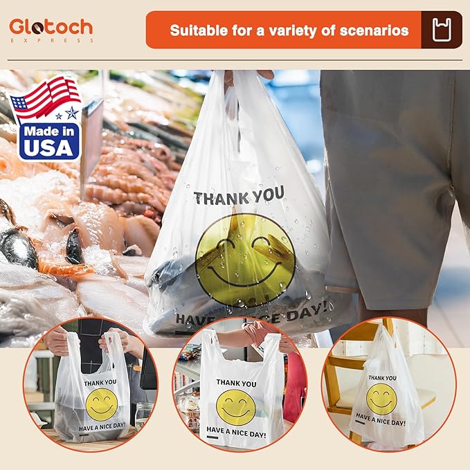Glotoch 10000 (10K) Ct Plastic Thank You T-shirt Bags Smile Face, 11.5 x 6.5x 21" Have Nice Day Grocery Shopping Gift Bag with Handles for Restaurant, Retail, Togo, Convenience Store, in Bulk Business