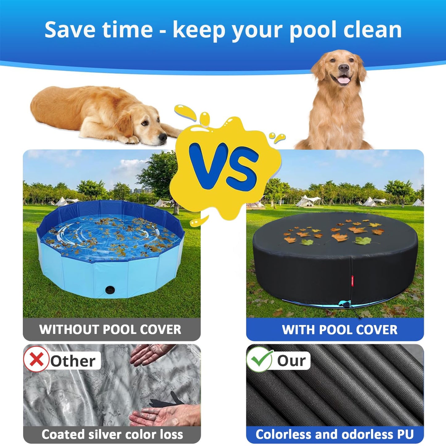 QH.HOME 63-64 inch Kiddie Pool Cover Round, Collapsible Dog Pool Cover with Super Windproof Ratchet Design, Odorless Waterproof Fabric Material and - Only Cover