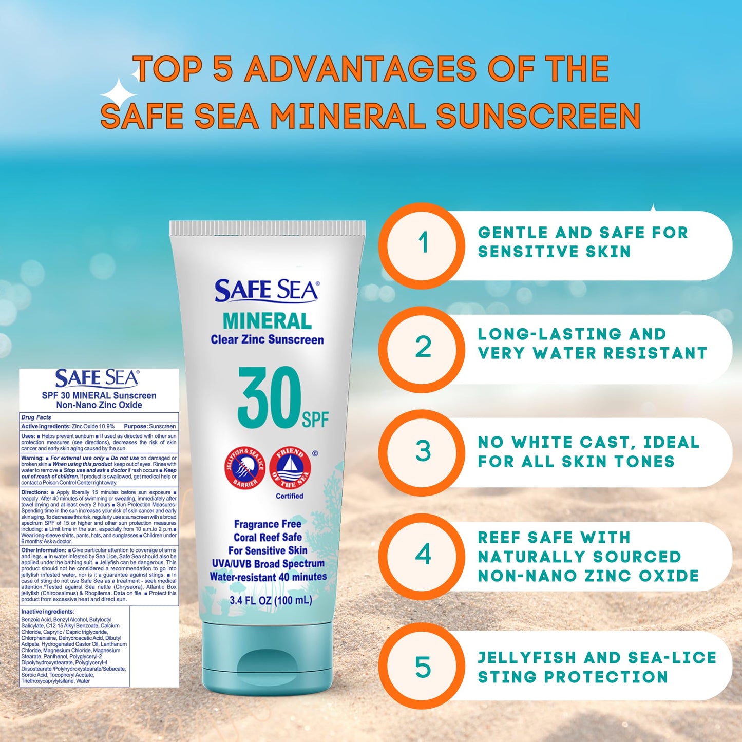 Safe Sea Zinc Oxide Sunscreen SPF30 | Clear Mineral Face And Body Reef Safe Sunscreen Without White Cast | Anti-Jellyfish Sting Protective Lotion | 3.4Oz (100ml) (2 Pack)