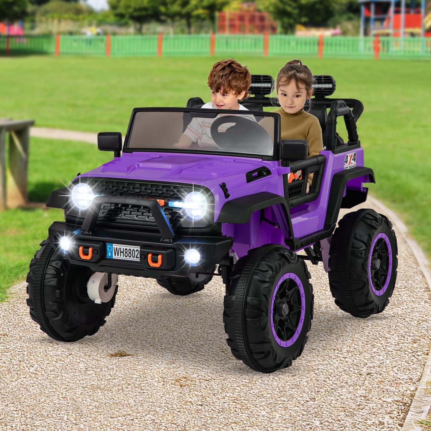 INFANS 24V 2 Seater Ride on Car for Kids, 2WD/4WD Battery Powered with Remote Control, Music, USB, MP3, Spring Suspension, 20" Wide Seat Electric Jeep Toys for Boys Girls Aged 3+ (Purple)