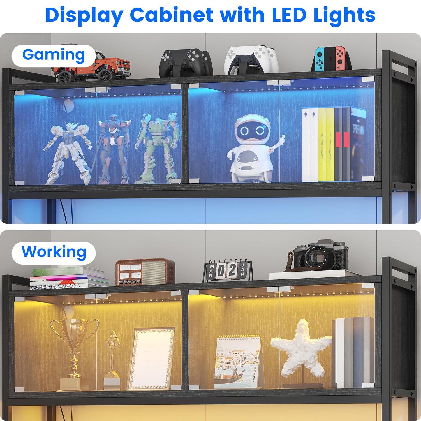 kepptory L Shaped Gaming Desk with DIY Pegboard, Home Office Computer Desk with Raised Display Stand, 2 Drawers and LED Glass Cabinets, Corner Desk with Printer Desktop&Power Outlet, Black
