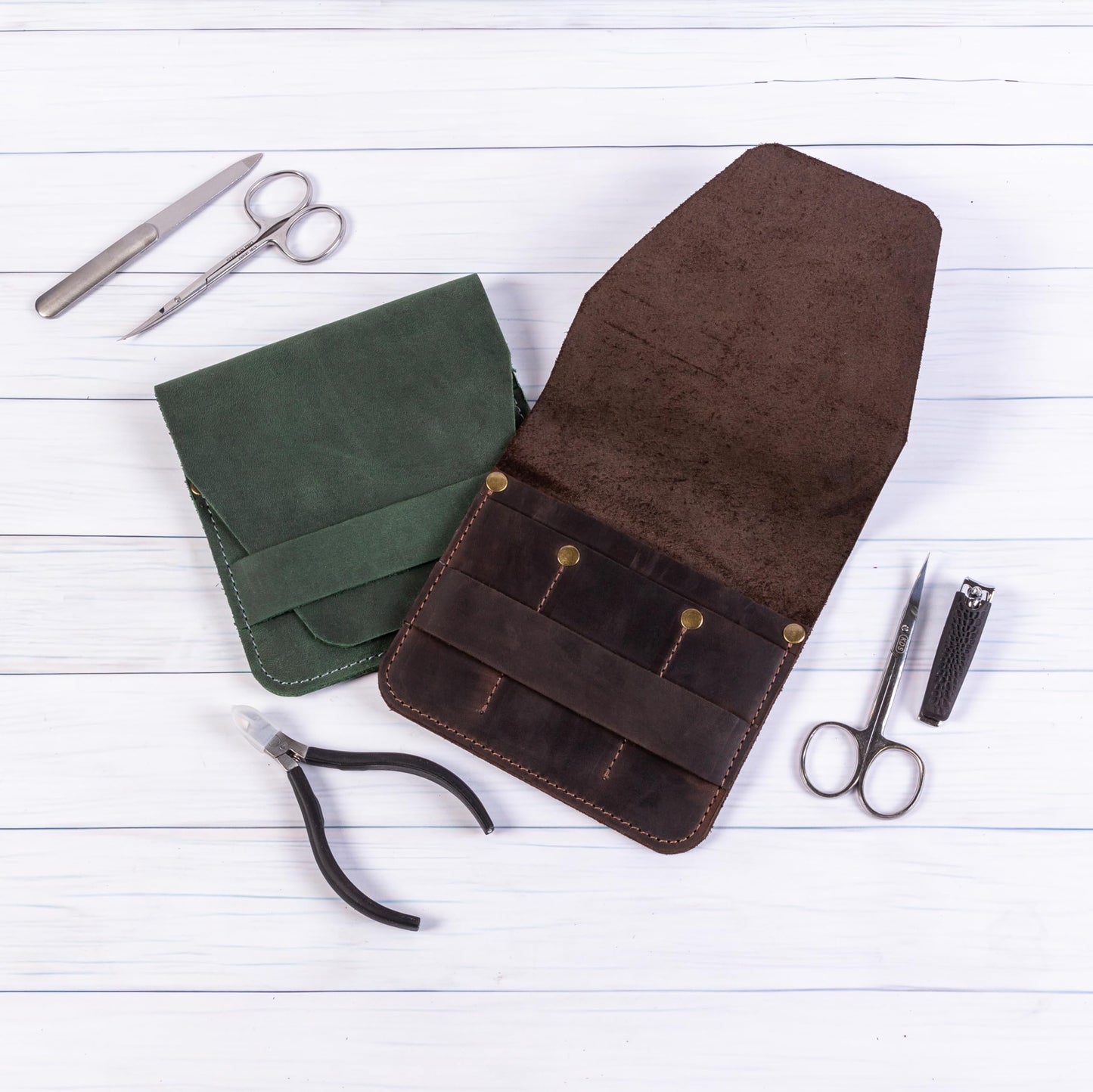 Leather Manicure Set Case Grooming Kit Organizer (Dark Brown)