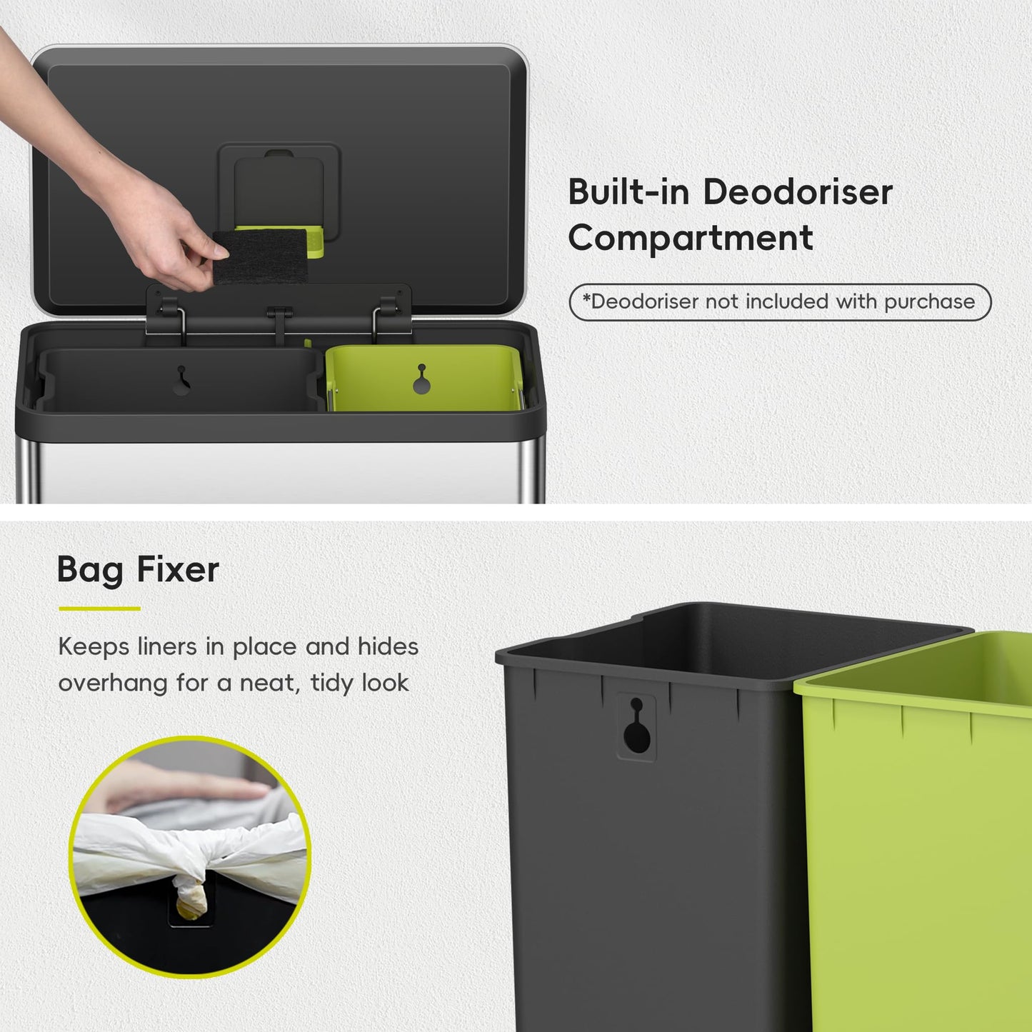 EKO EcoCasa II 36L+24L Dual Trash Can with Recycle Bin, Stainless Steel Garbage Can with Lid, Deodorizer Compartment, Odor-Proof and Fingerprint Resistant