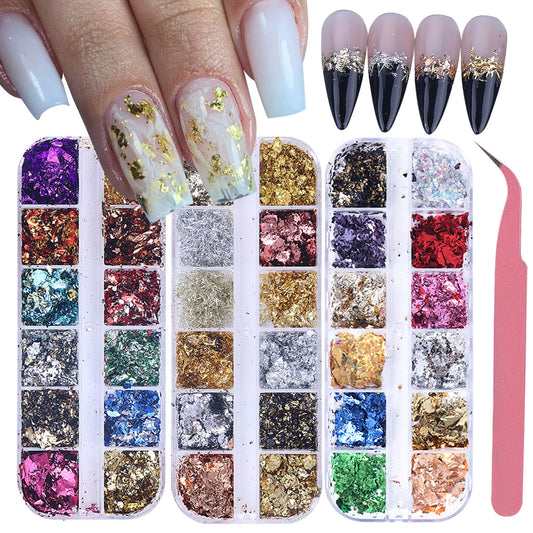 Gold Foils Nail Glitter Supplies 36 Colors Golden Flakes for Nails Art Sparkly Ultra-Thin Aluminum Holographic Foils Nail Art Decoration Gold Leaf DIY 3D Metallic Nail Sequins Manicure Accessories