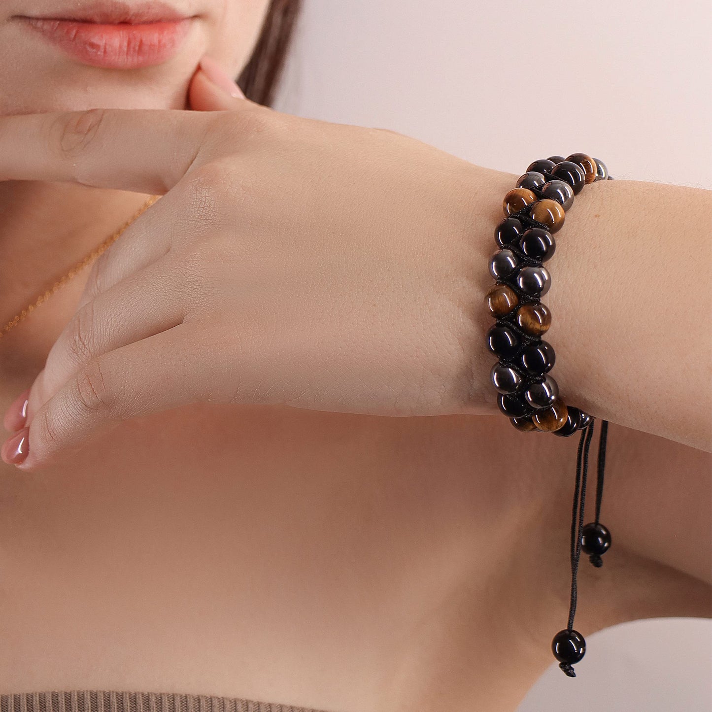 Crystal Vibe 8mm Triple Protection Bracelet - Beaded Bracelet with Natural Stones of Tiger Eye, Hematite, Black Obsidian - Elastic Adjustable Crystal Bracelet for Anxiety Relief, Spiritual Healing
