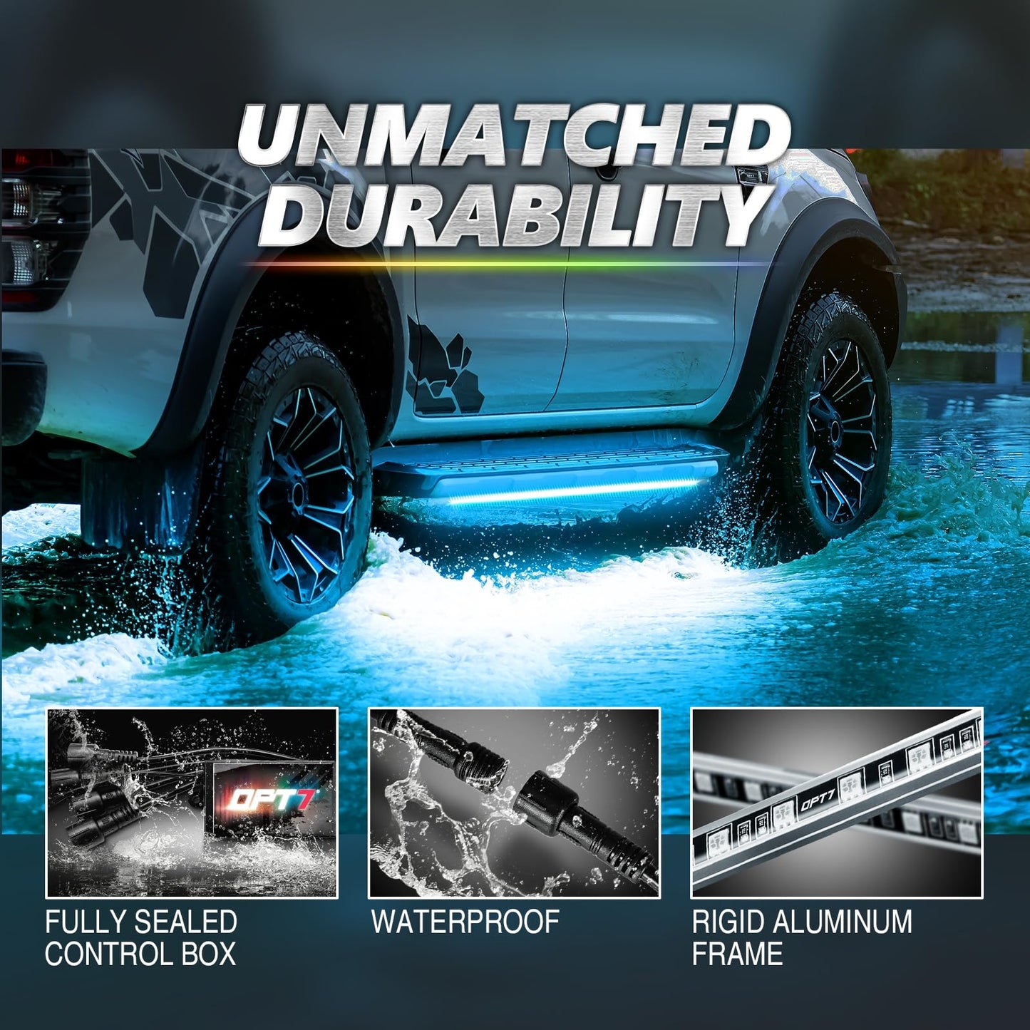 OPT7 Aura Pro Underglow LED Lights with APP & Remote Control, RGB Multicolor Mode, Music Sync, 4 PCS Waterproof Rigid Aluminum Light Bar, Exterior Underbody Lighting Kit Universal Fit for Car Truck RV