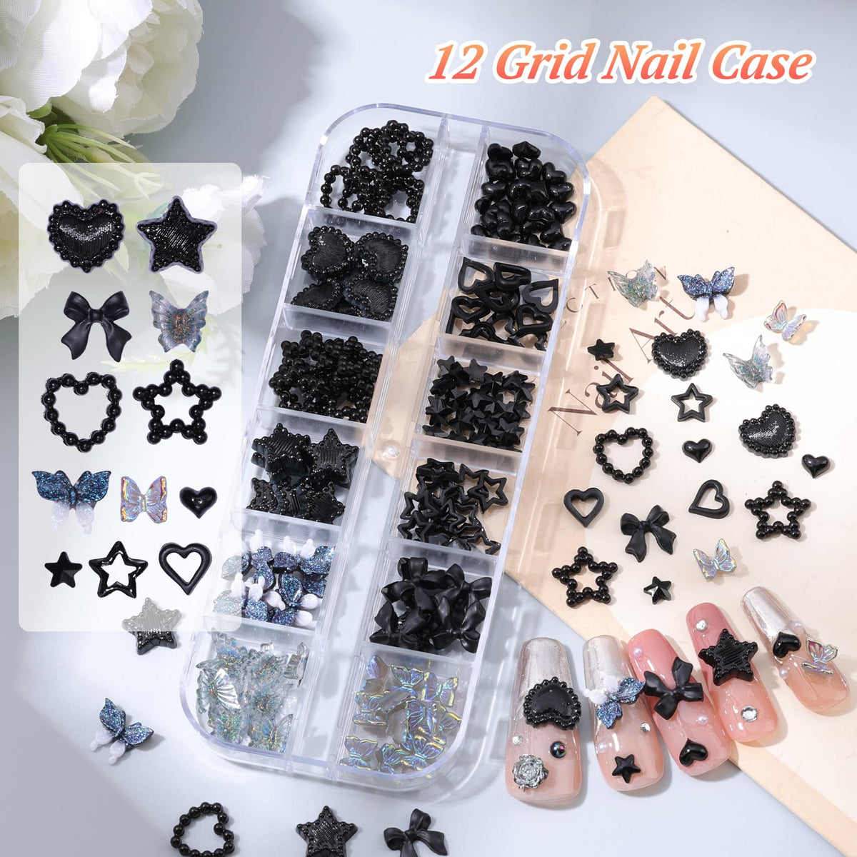5 Boxes Black 3D Nail Charms Set, 24Pcs Y2k Alloy Nail Art Rhinestone Charms 3D Bow Flower Crown Heart Star with Tweezers and Dual-end Brush for Manicure Salon DIY Crafts,Face Makeup Gems Jewels