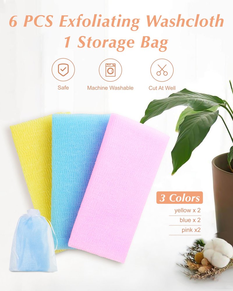 6 PCS Exfoliating Washcloth, 35 Inch 3 Colors Nylon Bath Exfoliating Towel for Shower, Colorful Japanese Washcloth, Exfoliating Body Scrubber (Blue, Yellow, Pink)