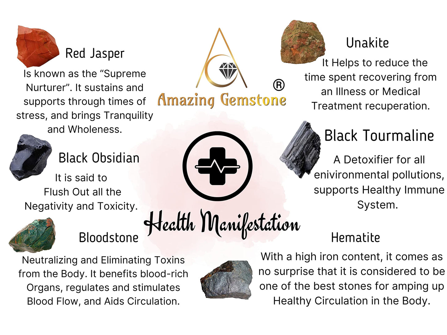 Amazing Gemstone Crystals for Health Manifestation, Set of 6 Red Jasper, Black Obsidian, Black Tourmaline, Bloodstone, Hematite and Unakite Healing Crystals and Stones