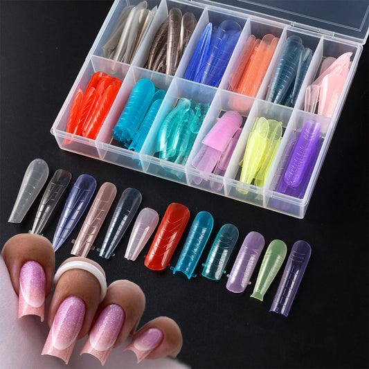 144pcs 12 Colors Long Nail Tips Press On Nails - 12 Sizes Gel X Tips for Acrylic & Poly Gel DIY Fake Nails Press Ons Full Cover Extension Form Kit with Scale Nail Supplies
