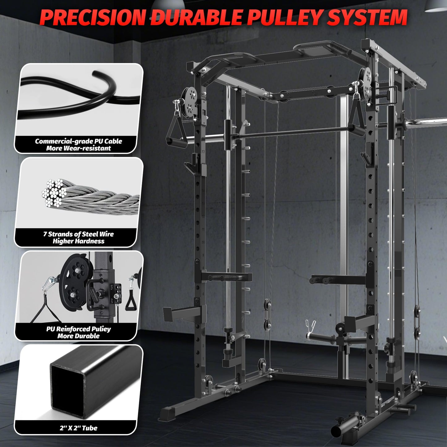 GarveeLife Power Cage, Smith Machine Squat Rack, Heavy Duty Power Rack for Home Gym with Pulley System, Dip Bar, LAT Pulldown, Multifunctional Squat Rack for Home Gym, Black