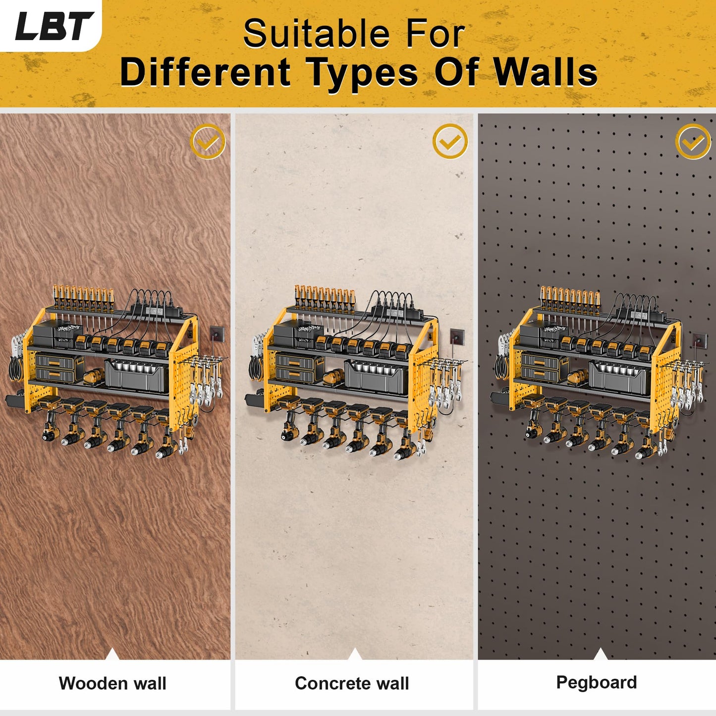 LBT Power Tool Organizer With Charging Station,Patented,Heavy Duty Steel,6 Drilling Rig Sizes With Hooks And Screw Boxes,6 sockets,Easy To Install Garage Storage Rack,Great Gift For Men, Yellow