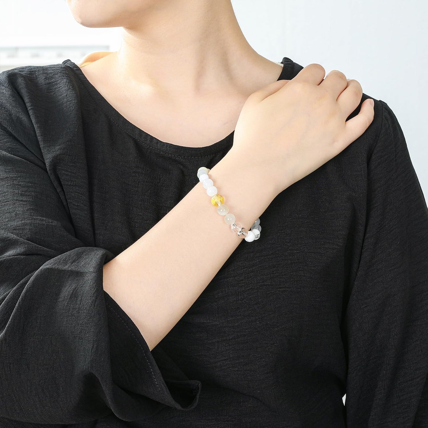 Moslovstar 6.5 inch Five Elements Bracelet for Women, White Elegant Moonstone Bracelet Feng Shui Balance 8mm Round Beads Healing Crystal Gifts