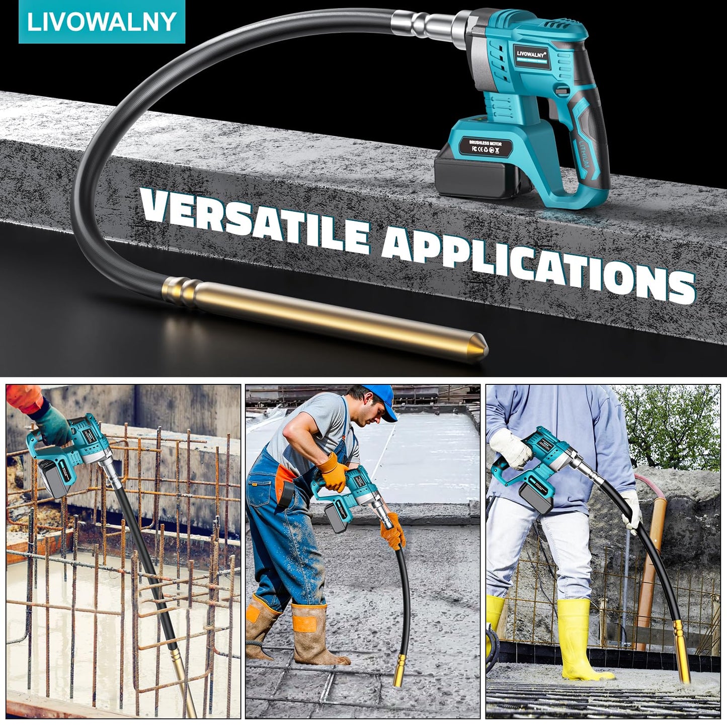 LIVOWALNY Handheld Concrete Vibrating Tool Compatible with Makita 18V Battery, 600W Cordless Electric Concrete Vibrator w/3.8ft Shaft Rod, Portable Pencil Cement Vibrarator Remove Bubble Mix Concrete