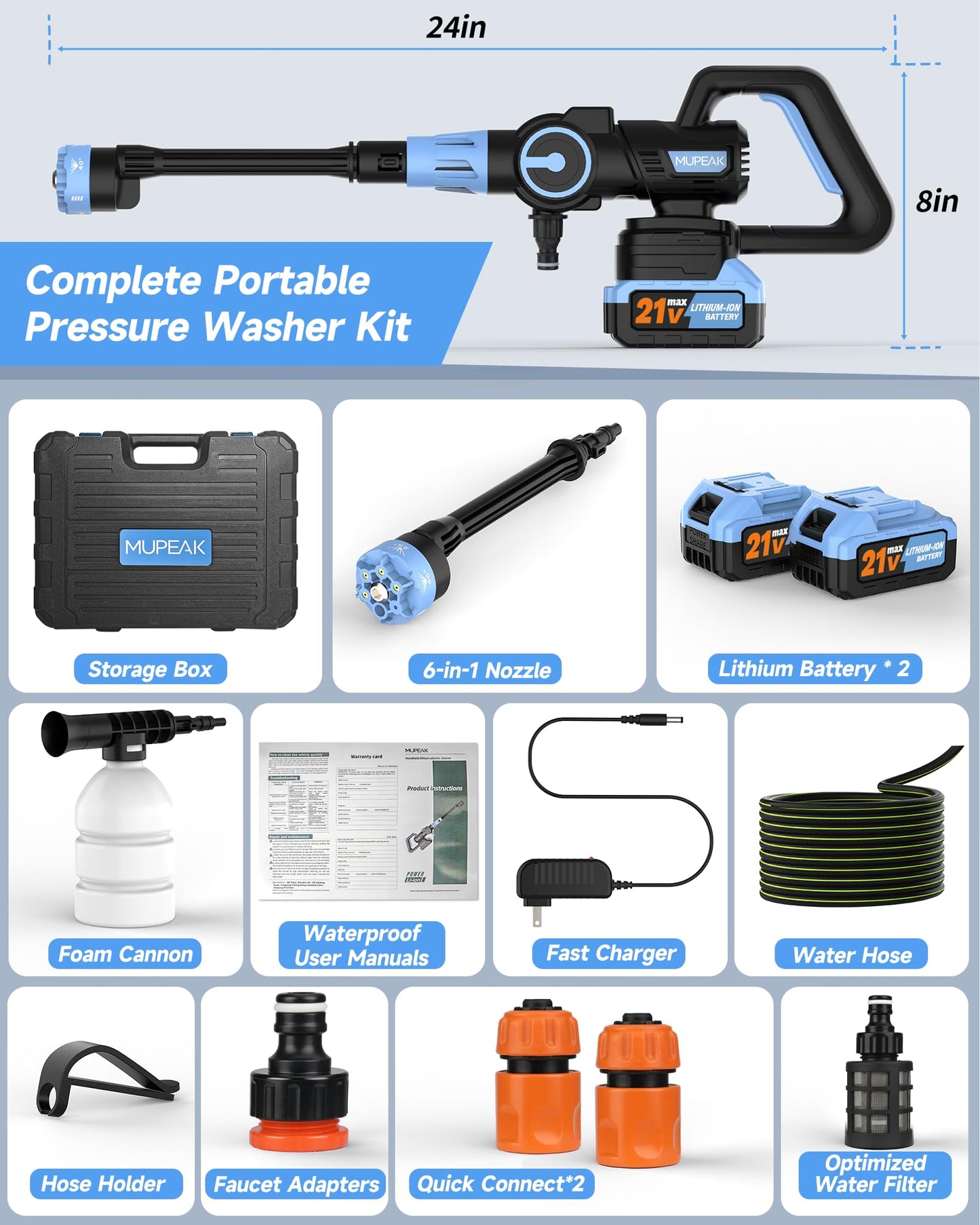 MUPEAK Cordless Pressure Washer, 1100PSI-Brushless Portable Power Washer with 2 Batteries, 3 Modes Adjustable/6 in 1 Nozzle, 21V 4.0Ah Battery Powered Pressure Washers for Home, Car, Garden