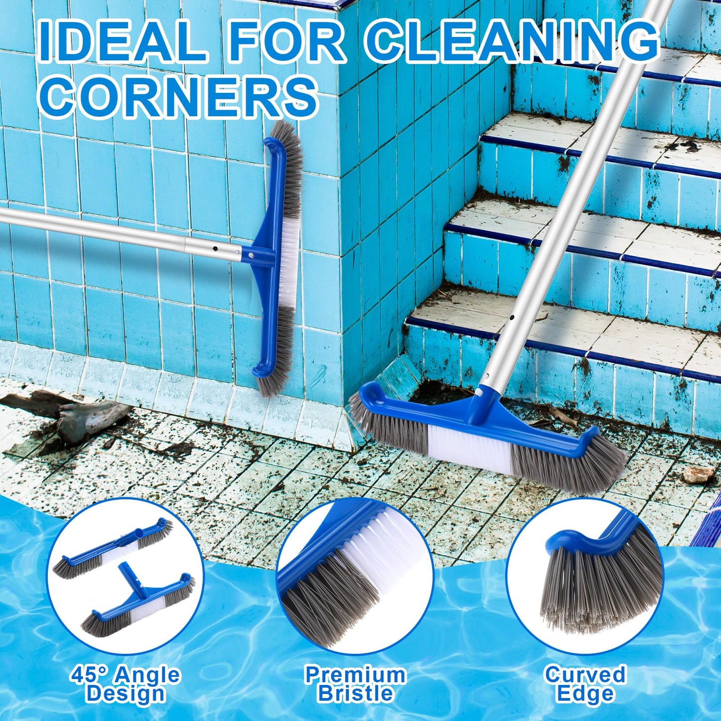 Tioncy 4 Pack Swimming Pool Cleaning Kit Including Pool Cleaning Brush Scrubbing Scouring Sponge Pad Skimmer Leaf Net and 47inch Swimming Pool Cleaning Poles for Inflatable Pool Home Spas Hot Tubs