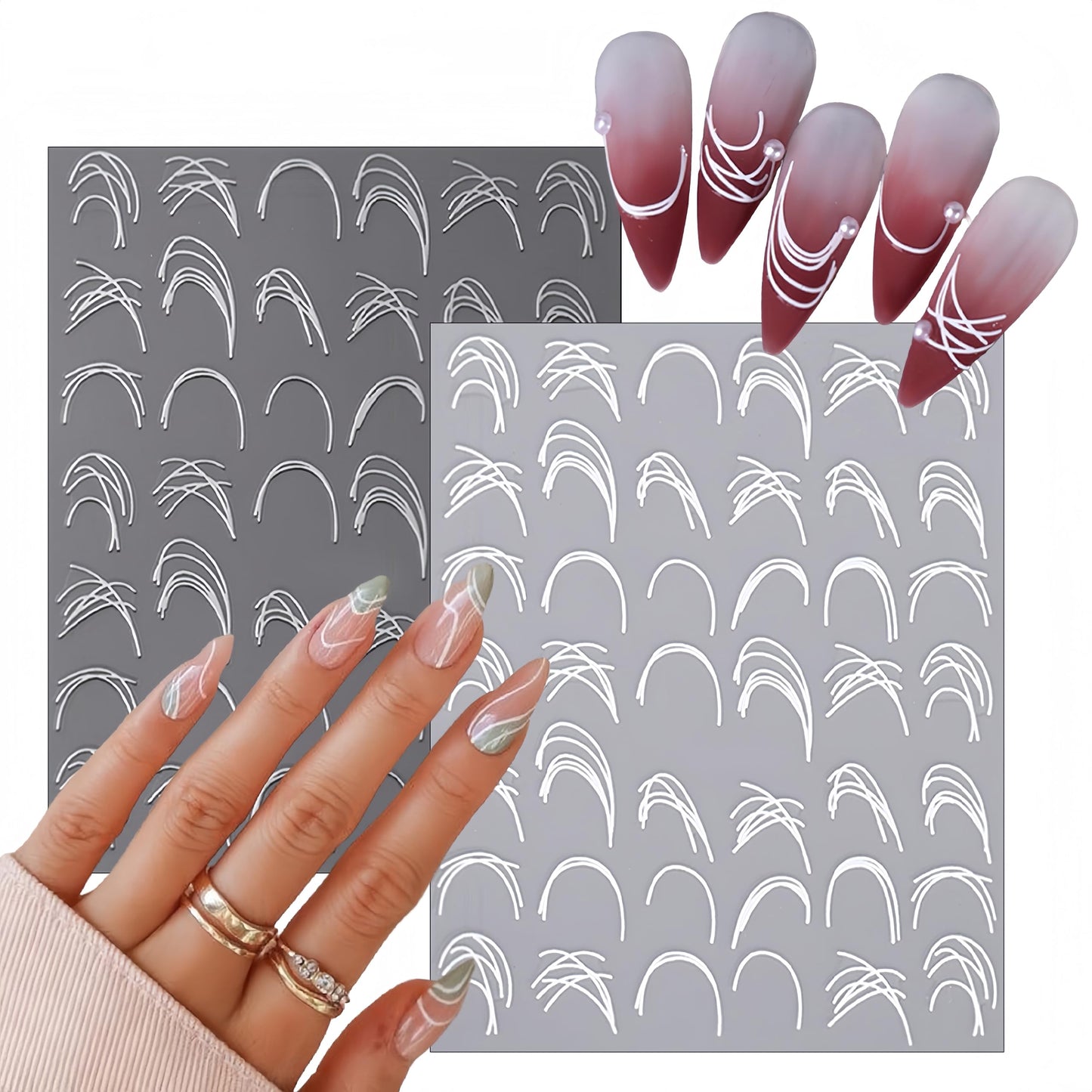 8 Sheets French Line Nail Art Stickers 3D Self-Adhesive Exquisite Gold and Silver White Metallic Designs Nail Decals Irregular French Line Nail Supplies for Women and Girls DIY Nail Art Decoration