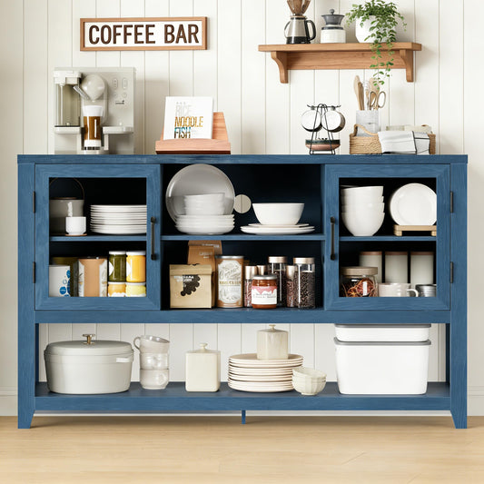 Garvee 53" Kitchen Buffet Sideboard Cabinet - Coffee Bar Table with 2 Glass Doors and 3 Shelves, Modern Storage Cabinet for Living Room, Entryway, Dining Room, Blue