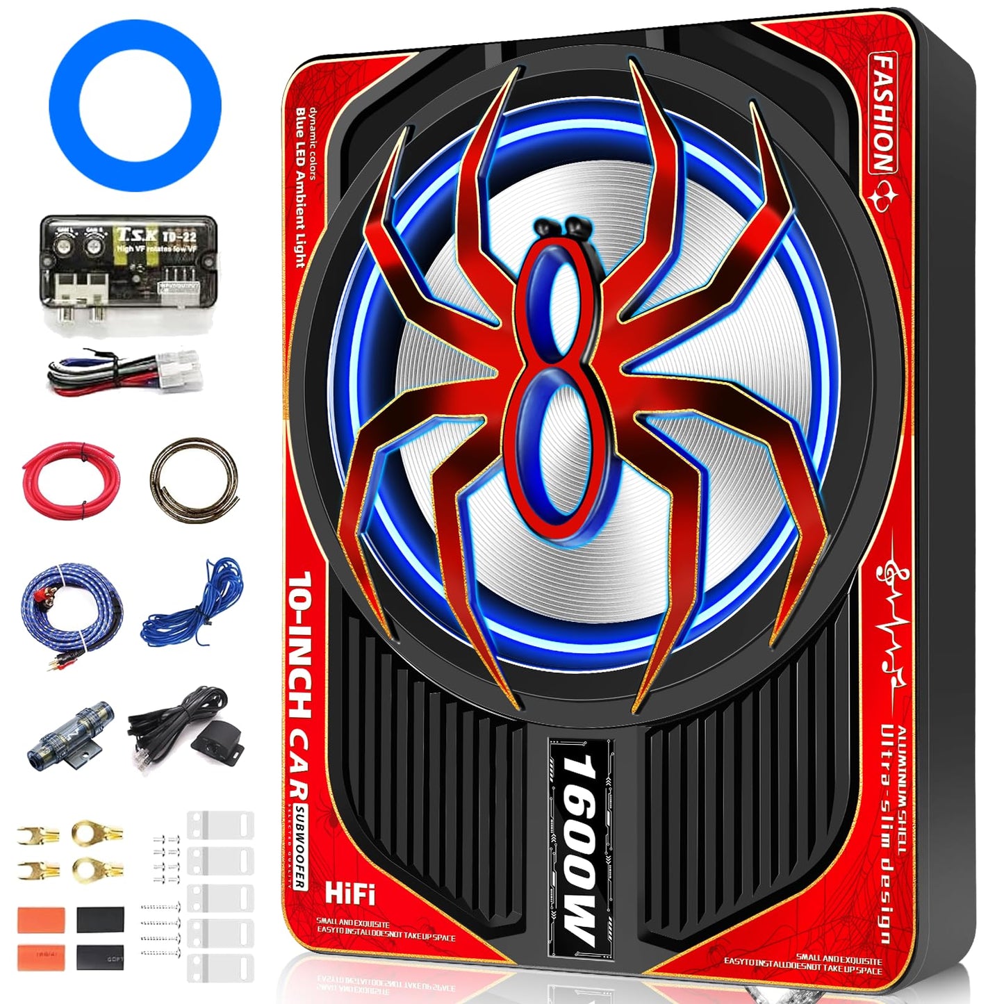 TZGBASS 1600W Slim Underseat Car Subwoofer and Amp Package, Powered Subwoofer with Built-in Class D Amplifier, Subsonic Deep Bass, LED Ambient Light Switch,Under Seat Subwoofer for Truck SUV Car Audio