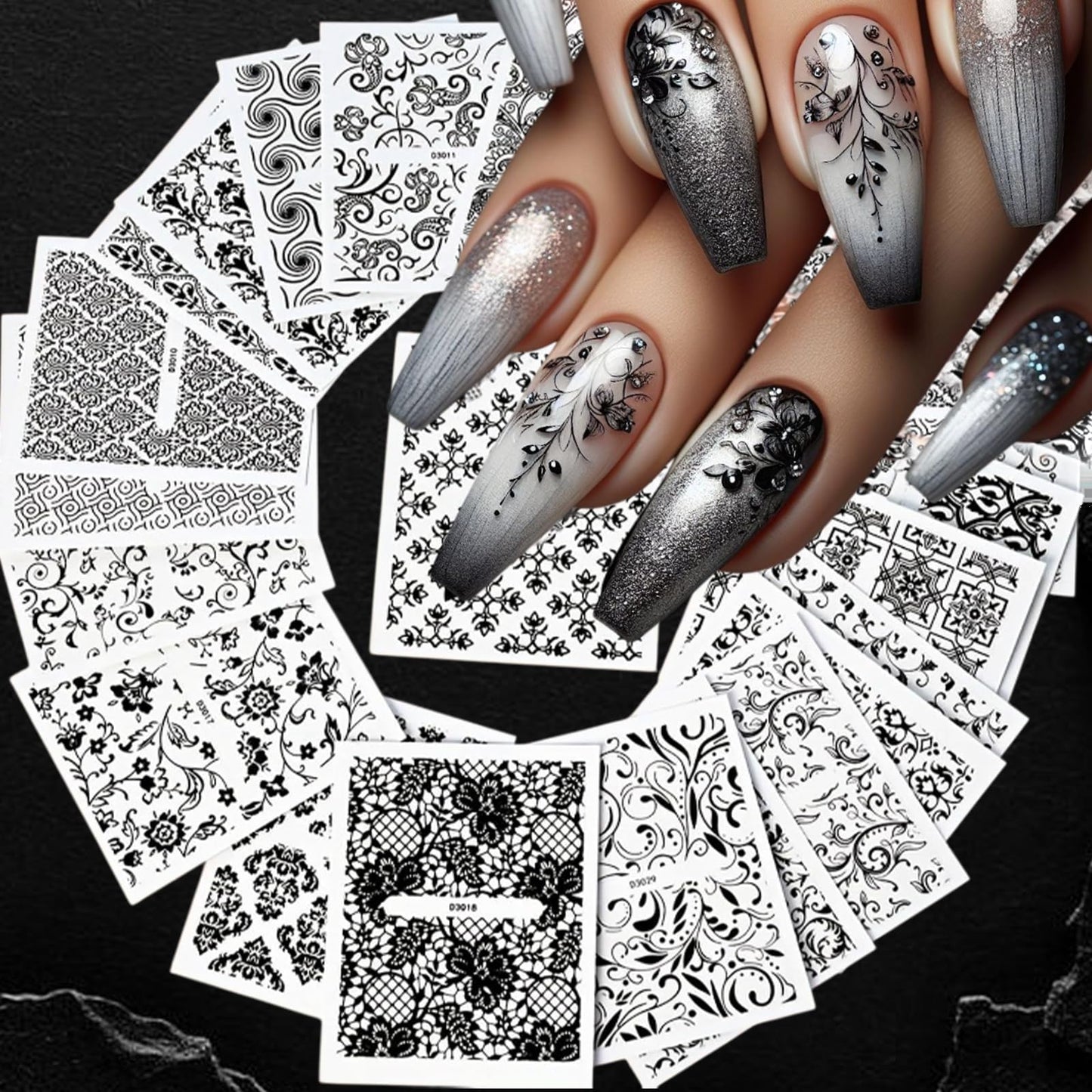 WEIXIWUYU 30 Sheets Black Lace Nail Art Stickers 3D Self-Adhesive Black Hollow Retro Floral Vine Design Decals for Women Girls DIY Manicure Slider Decorations
